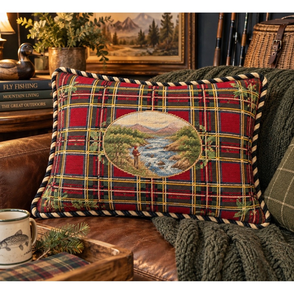 Vintage Needlepoint Fly Fishing Pillow Tartan Plaid Lodge Cabin Rustic Decor